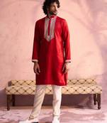 Men'S Red And Cream Moonga Silk Kurta Pyjama Set