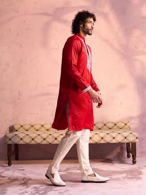 Men'S Red And Cream Moonga Silk Kurta Pyjama Set 2