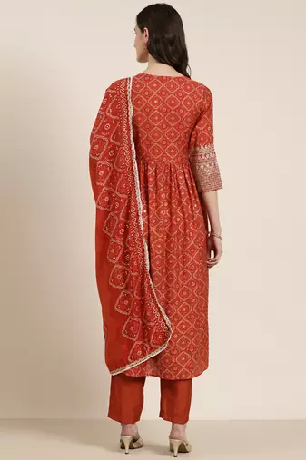 women's round neck bandhani foil print rust a-line kurta and trouser with dupatta