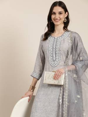 women's round neck floral grey straight kurta and trouser with dupatta 1