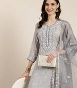 women's round neck floral grey straight kurta and trouser with dupatta
