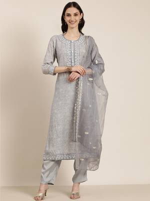 women's round neck floral grey straight kurta and trouser with dupatta 2