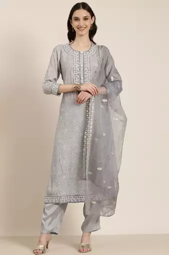 women's round neck floral grey straight kurta and trouser with dupatta