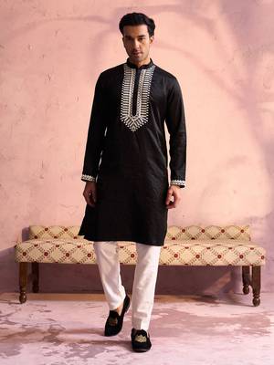 Black And Cream Moonga Silk Kurta Pyjama Set 1