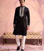 Black And Cream Moonga Silk Kurta Pyjama Set
