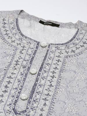 women's round neck floral grey straight kurta and trouser with dupatta 3