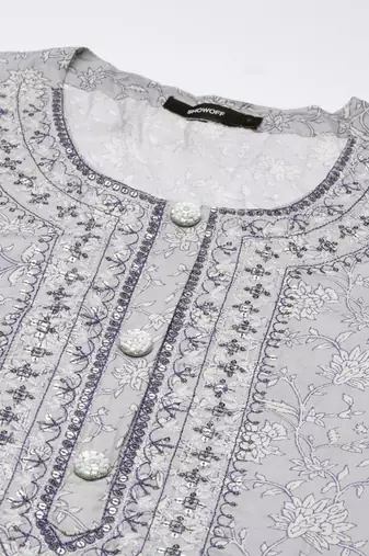 women's round neck floral grey straight kurta and trouser with dupatta