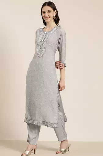 women's round neck floral grey straight kurta and trouser with dupatta