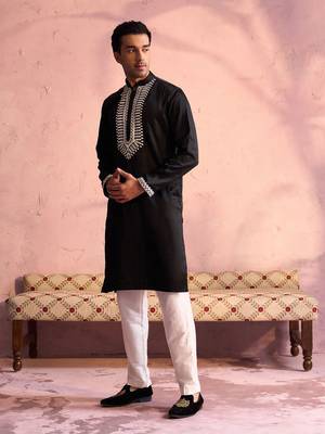 Black And Cream Moonga Silk Kurta Pyjama Set 2