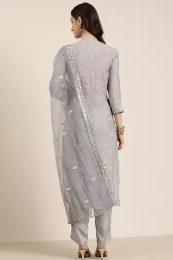 women's round neck floral grey straight kurta and trouser with dupatta