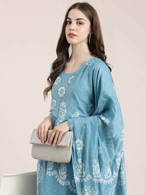 women's round neck ethnic motifs batik blue a-line kurta and trouser with dupatta 1