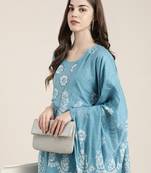 women's round neck ethnic motifs batik blue a-line kurta and trouser with dupatta