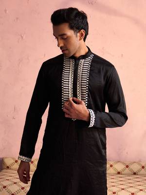 Black And Cream Moonga Silk Kurta Pyjama Set 4