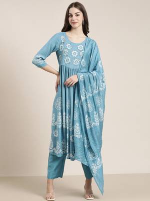 women's round neck ethnic motifs batik blue a-line kurta and trouser with dupatta 2