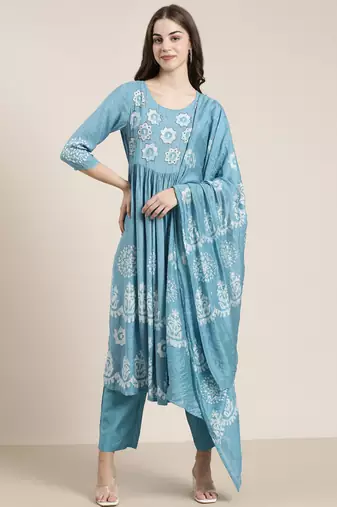 women's round neck ethnic motifs batik blue a-line kurta and trouser with dupatta