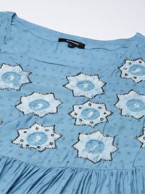 women's round neck ethnic motifs batik blue a-line kurta and trouser with dupatta 3