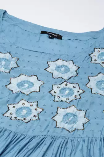 women's round neck ethnic motifs batik blue a-line kurta and trouser with dupatta