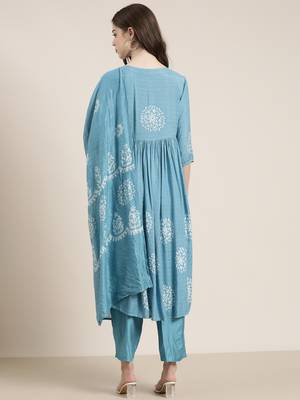 women's round neck ethnic motifs batik blue a-line kurta and trouser with dupatta 4