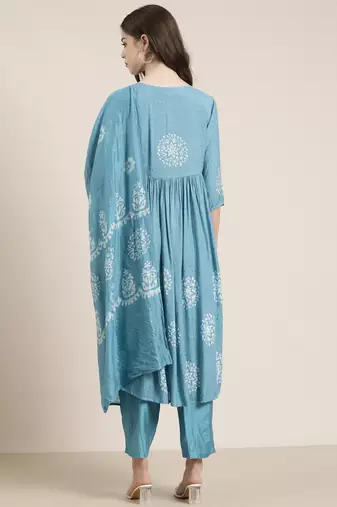 women's round neck ethnic motifs batik blue a-line kurta and trouser with dupatta