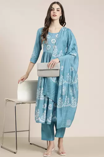 women's round neck ethnic motifs batik blue a-line kurta and trouser with dupatta