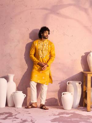 Yellow And Cream Moonga Silk Kurta Pyjama Set 1