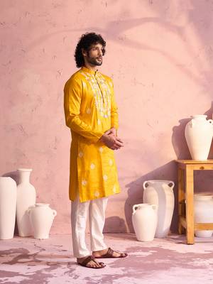 Yellow And Cream Moonga Silk Kurta Pyjama Set 2