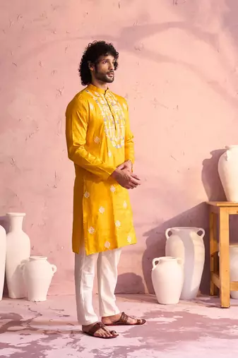Yellow And Cream Moonga Silk Kurta Pyjama Set
