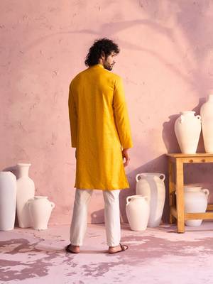 Yellow And Cream Moonga Silk Kurta Pyjama Set 3