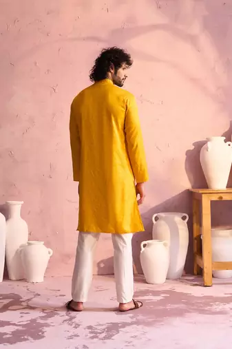 Yellow And Cream Moonga Silk Kurta Pyjama Set