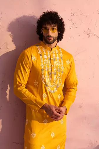 Yellow And Cream Moonga Silk Kurta Pyjama Set