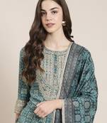 women's round neck floral zari teal straight kurti and sharara with dupatta