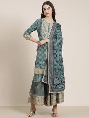 women's round neck floral zari teal straight kurti and sharara with dupatta 2