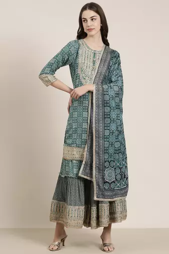 women's round neck floral zari teal straight kurti and sharara with dupatta