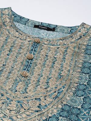 women's round neck floral zari teal straight kurti and sharara with dupatta 3