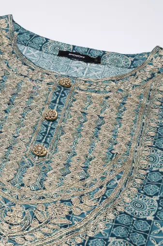 women's round neck floral zari teal straight kurti and sharara with dupatta