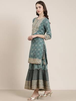 women's round neck floral zari teal straight kurti and sharara with dupatta 4