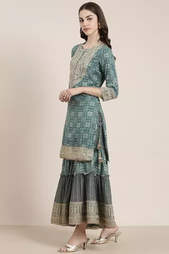 women's round neck floral zari teal straight kurti and sharara with dupatta