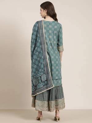 women's round neck floral zari teal straight kurti and sharara with dupatta 5