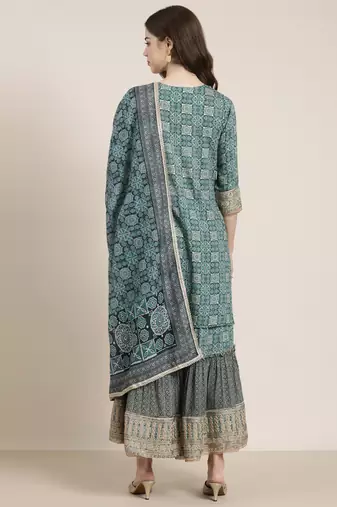 women's round neck floral zari teal straight kurti and sharara with dupatta