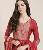 women's round neck bandhani zari pink a-line kurta and trouser with dupatta