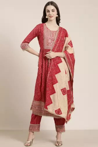 women's round neck bandhani zari pink a-line kurta and trouser with dupatta