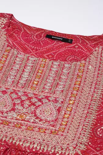 women's round neck bandhani zari pink a-line kurta and trouser with dupatta