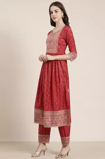 women's round neck bandhani zari pink a-line kurta and trouser with dupatta