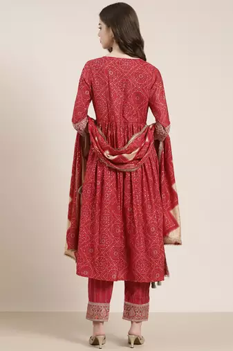 women's round neck bandhani zari pink a-line kurta and trouser with dupatta
