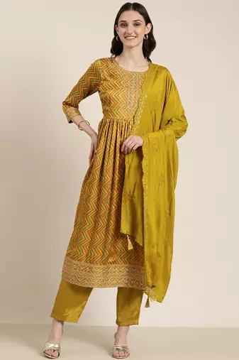 women's round neck chevron leheriya lime green a-line kurta and trouser with dupatta