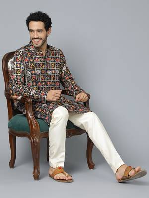 Men'S Navy Blue And Cream Rayon Kurta Pyjama Set 1
