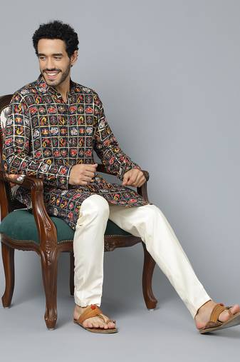 Men'S Navy Blue And Cream Rayon Kurta Pyjama Set