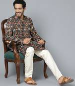 Men'S Navy Blue And Cream Rayon Kurta Pyjama Set