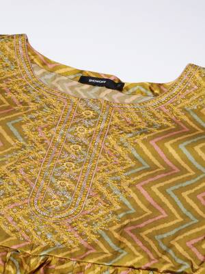women's round neck chevron leheriya lime green a-line kurta and trouser with dupatta 3