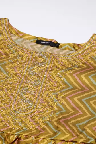 women's round neck chevron leheriya lime green a-line kurta and trouser with dupatta